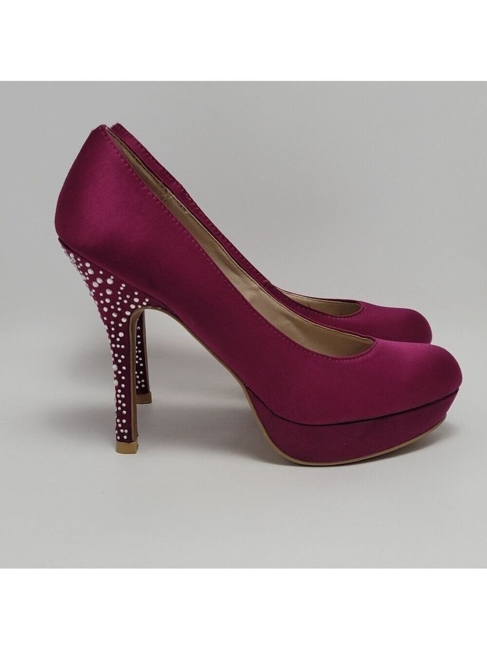 Fusia Pink Rhinestones Heel Satin Pumps Shoes By Olsenboye Size 7
